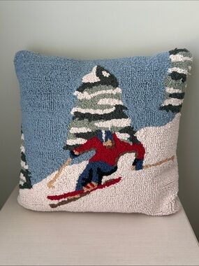 White Pine Hand Hooked Skiier Winter Slopes Pillow